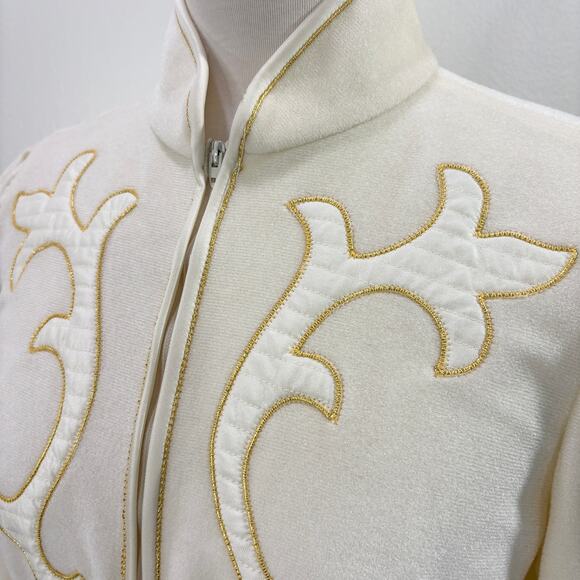 Oscar de la Renta Size 8 Robe Hollywood Regency Velour Fleece Embroidered Cream - Picture 9 of 13